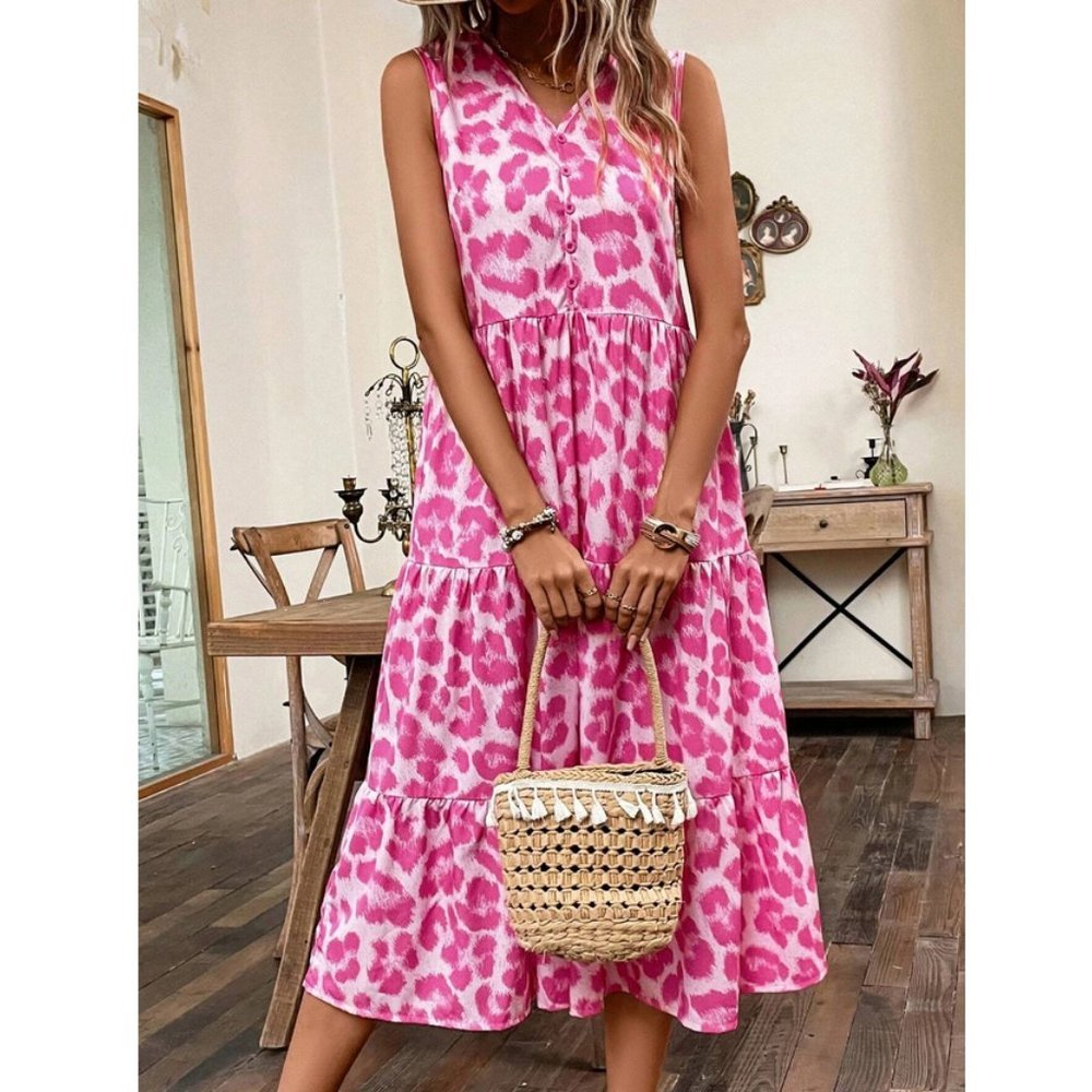 Pink Boho Womens Leopard Print Ruffle Hem Smock Dress - Picture 4 of 7
